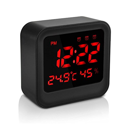 Welltop Digital Wecker mit 3 Sätzen Alarm, Zeit / Temperatur / Luftfeuchtigkeit Anzeige, Großbildschirm Reise Wecker, Schwarz - 2