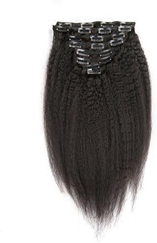 24 Inch Kinky Straight Clip in Hair Extensions Clip Ins Coarse Yaki Brazilian Remy Human Hair for Black Women Natural Color 8 pieces 120g/One Set (24INCH/60CM)