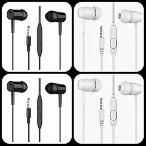 Made in India Earbuds Headphones with Microphone, Pack of 4, Earbuds Wired Stereo Earphones in-Ear Headphones Bass Earbuds, for All Smartphones (2 Black and 2 White)