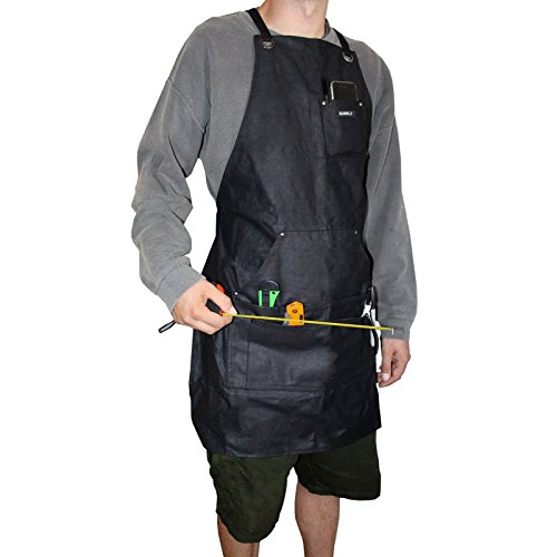 Robuste Arbeitsschürze Herren / Damen gewachstes Segeltuch, wasserdicht, schwarz von Bizarre.ly – einstellbar bis XXL, guter Sitz – ideal für Zuhause oder im Workshop – Taschen für Werkzeuge & Smartphone - 6