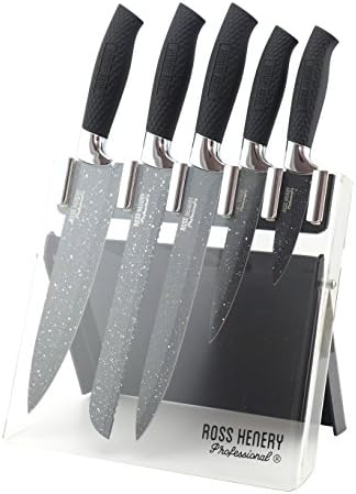 Ross Henery Professional 5 Piece Kitchen Knife set with Black Splash Effect Blades in Clear Foldable Acrylic Block / Stand