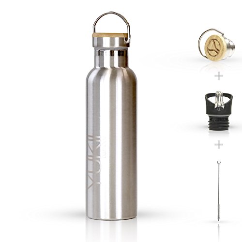 Robuste Design-Trinkflasche, Thermosflasche YUKII BAMBOO: doppelwandig, Edelstahl, 600 ml, inkl. 2 Trinkverschlüssen und gratis Bürste. Perfekt für Sport und Freizeit.