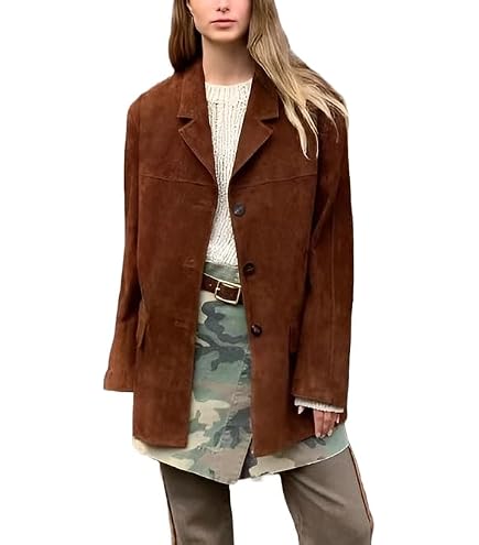 Giacca Oversize Donna In Finta Pelle Scamosciata Con Colletto In Ecopelle A Contrasto, Tasche, Coulisca In Vita, Marrone