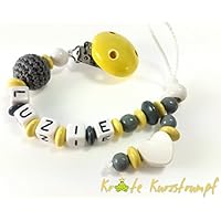 Schnullerkette mit Namen für Mädchen mit Herz und Häkelperle - maisgelb, anthrazit, weiß