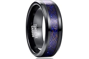 NUNCAD Tungsten Carbide Ring for Men Black Celtic Dragon and Blue/Green/Red Carbon Fiber Inlay Wedding Band Size J1/2-Z+3