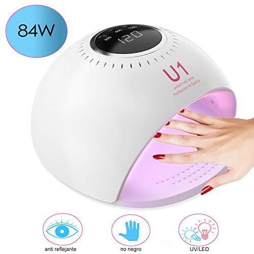 FASHSMILE Lampara LED Uñas, 84W UV Lampara Uñas Botón Táctil Lampara para Blanquear Incorporada con Pantalla LCD Temporizador de 30 seg, 60 seg, Modo de Calor Bajo 120 seg Secado Rápido Blanco