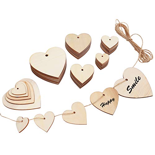 BELLE VOUS Herz Holzscheiben (100 Stück) - Unvollendeter Holzanhänger Herz mit 10 Meter Juteschnur - Naturholzscheiben fürTisch und Hochzeitdeko, DIY Handwerk Verzierungen (30-80mm)