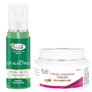 Sibley Beauty Neem Tulsi Tea Tree Oil Acne Face Wash (1 x 100 ml) - Haldi Chandan Facial Cream (1 x 50 gm) - bright & facial glow soft smooth skin, all skin type, men women girls boys Pack of 2