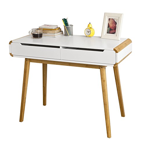 SoBuy® FWT19-WN Bureau Informatique Bureau Secrétaire Table Plan de travail avec 2 tiroirs