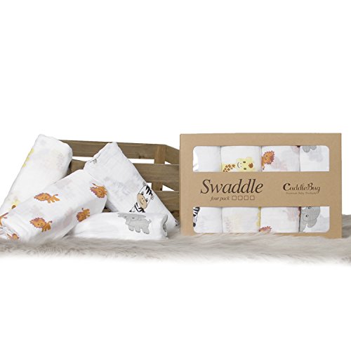 "Safarimuster" Pucktücher aus Musselin 4er-Pack – Große Musselin-Puckdecken von CuddleBug, 120 cm x 120 cm – Beste Musselintuch aus weicher Baumwolle – Bestes Geschenk für werdende Eltern – Ideal fürs Kinderbett – Für Mädchen oder Jungen – 4 niedliche Motive – Garantie auf Lebenszeit!