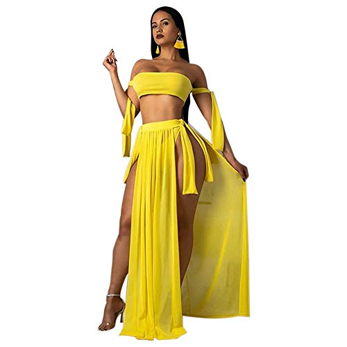 L@ily Costumi da Bagno Donna Tinta Unita Sexy Petto Avvolto, Bikini Set Divisa Solare Costume da Bagno Spiaggia Mezza Gonna Tuta Intera a Tre Pezzi,Yellow,M