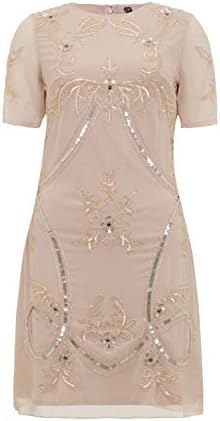 Womens 1920's Flapper Gatsby Charleston Blush Pink Embellished Sequin Beaded Short Sleeve Chiffon Dress