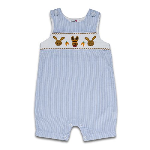 "Flopsy Mopsy" Baby Boy Blue Seercucker Smocked Romper. 3-6 Months