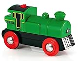 Die grüne Batterielok kann vorwärts und rückwärts fahren und verfügt über einen Scheinwerfer.