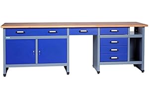 Küpper Werkbank 12287 ultramarinblau, 240x84x60cm, 6 Schubladen, 2 Türen, 300 kg Traglast, 30 mm Massive Buchenarbeitsplatte