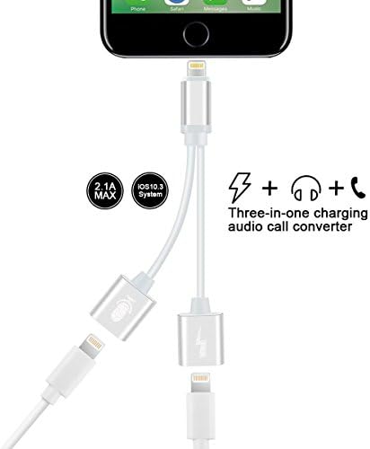 Dual lightning Adapter for iphone 8, Asoon Lightning Adapter for iPhone 7, 2 in 1 lighting Aux headphone adapter for iphone, Support Call,Charging and Music Control, Compatible with iOS 11 or Later (Silver)