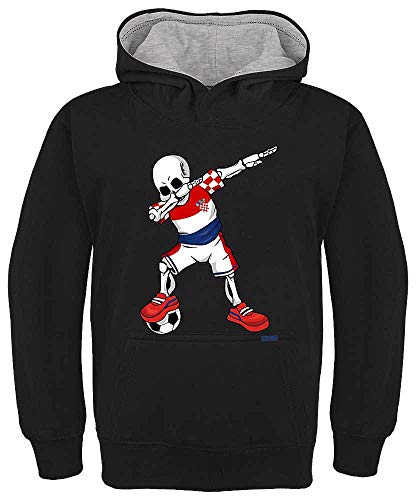 HARIZ Kinder Hoodie Kapuzenpullover Kontrast Fussball Dab Skelett Kroatien Trikot Mannschaft Plus Geschenkarte Schwarz/Hell Grau 140/9-11 Jahre