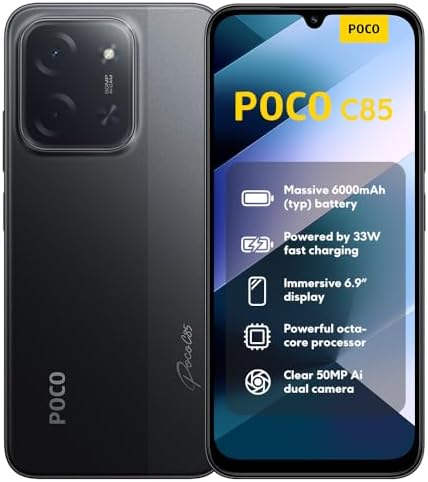 XIAOMI POCO C85, Smartphone 8+256GB, Display 6,9" 120Hz 7,99mm Design, MediaTek Helio G81-Ultra Octa-core, Doppia fotocamera AI da 50MP, 6000mAh, garanzia di 2 anni, Nero, Caricabatteria non incluso