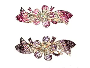 Trendsetter Pack of 2 Rhinestone Gold Plated Metal Back Clips Hair Barrettes Ponytail Clips Hair Slides Back Pin Hair Accessories for Women & Girls (Random Design)