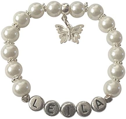 Girls Personalised NAME Bracelet Gift with Butterfly Family or Wedding charm Daughter Granddaughter Goddaughter Cousin Little Sister Flower girl Bridesmaid (M - approx 10-Teen)