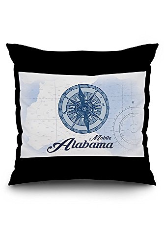 Mobile, Alabama - Compass - Blue - Coastal Icon (20x20 Spun Polyester Pillow Case, Black Border)