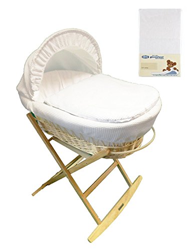 Deluxe Natural Wicker Crib / Moses Basket With White Waffle Dressing PLUS Pine Deluxe Wooden Rocking Stand Includes High Quality 100% Combed Jersey Cotton White Fitted Sheet