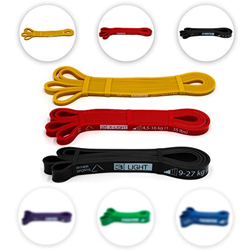 Ryher Set 3 Bande Elastiche Resistenza Pull up - Elastici Fitness per trazioni casa e Palestra -Banda Allenamento per Fitness, Crossfit, Bodybuilding(Set di 3 Bande: #1 Gialla, 2 Rossa e #3 Nera)