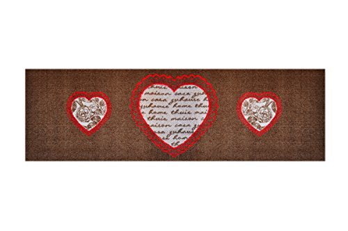 LifeStyle-Mat 100055 3 Herzen, rutschfester und waschbarer Läufer, ideal für die Garderobe, Küche oder Schlafzimmer, 50 x 150 cm, braun / rot