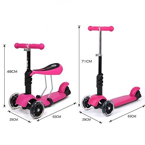 Monopatín para niños con ruedas de luces intermitentes, multifuncional 3 en 1, con asiento desmontable, para niños de 2 a 8 años, rosa