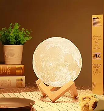 SVH 3D Moon lamp Night lamp with Wooden Stand Touch Sensor for Adult and Kids 7 Color Automatic Changing for Bedroom-15cm