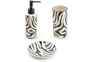 Home Deco London Set of 3 Modern Ceramic Zebra Bathroom Accessory Set, Includes Liquid Soap or Lotion Dispenser, Toothbrush Holder, Soap Dish