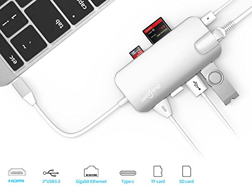 USB C Hub, Dootoper Typ C Hub mit 3 USB 3.0 Ports, 4K HDMI Port, Ethernet-Port(1000Mbit/s), SD-Kartenleser, Micro SDHC und USB C Ladeanschluss, für Geräte mit USB Typ C wie MacBook Air, MacBook Pro, Mac Mini, Google Chromebook 2016 (Silver) - 2