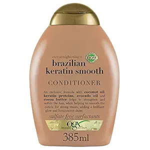 OGX Ever Straightening Brazilian Keratin Smooth Conditioner |With Coconut Oil, Keratin Proteins, Avocado Oil & Cocoa Butter, For Dry, Curly, Frizzy & Fine hair, Sulfate Free Surfactants, No Parabens, 385 ml