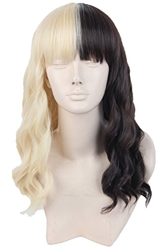 Topcosplay Women's Medium Fluffy Curly Half Blonde and Half Natural Black two Tone Hair Halloween Cosplay Costume Fiber Hair Wigs