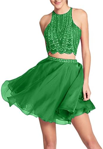 Promworld Women's Beaded Top Two-Piece Cocktail Party Gowns Short Homecoming Dress Emerald Green US2