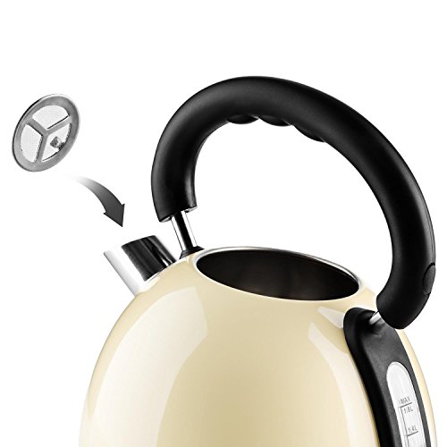 Klarstein • Teatime • Wasserkocher • Wasserkessel • Teekocher • Edelstahl • Retro Teekessel Design • 1,8 Liter • 3000 Watt • kabellos • Cool-Touch-Griff • Basisstation mit Kabelaufwicklung • abnehmbarer Edelstahldeckel • auswaschbarer Kalkfilter • creme - 2