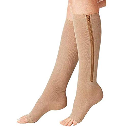 Beige (size M) Zip Sox Socks Compression Toe Open Knee High Socks Anti-varicose veins