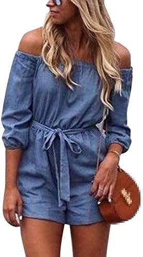 Zamtapary Women Casual Off Shoulder Faux Denim Short Length Corset Bodysuits Rompers Blue S