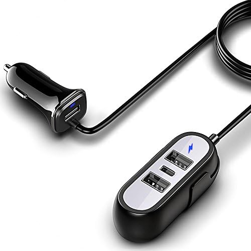 COCODA Car Charger, Multi 4-Port USB Type C Car Adapter W 5FT Extension Cord+ Backseat Clip for iPhone X 8 7 6 Plus, Samsung Galaxy S9 Plus S8 Note 8 S7, Google Pixel XL, Macbook and Tablets (black)