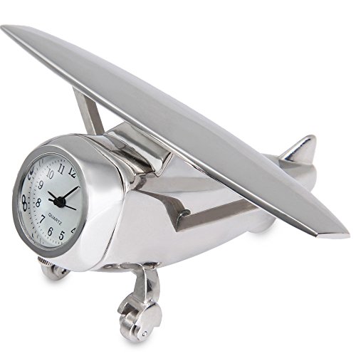 Tischuhr Flugzeug mini Standuhr Spielfigur Uhr Deko für Wohnzimmer Kinderzimmer Spielzeug Silber