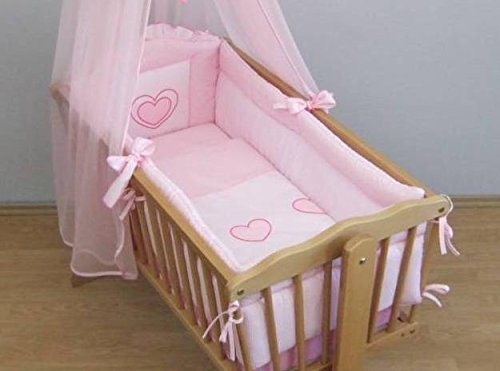 9 Piece Crib Baby Bedding Set 90x40cm Fits Swinging / Rocking Cradle (Hearts Pink)