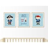 Kinderposter Namensbild 3er-Set mit Piraten - Geburtsdruck mit Wunschname und Geburtsdatum für Jungen, Geschenkidee zur Geburt, Taufe, Geburtstag; Kinderzimmer Wandbild personalisiert - ungerahmt