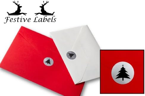 140x Round Metallic Silver Card Envelope Seals, Festive Labels “Christmas Tree” 25mm Diameter Circular Permanent Self-Adhesive Printed Stickers, UK FLESS1 For Xmas Greeting Cards/Bags/Gift Wrapping Presents