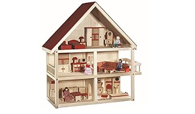 roba Maison poupées, ville de poupées avec 25 pièces de mobilier, 4 poupées, jouet pour les filles, en bois naturel et massif.
