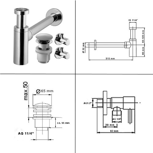 profizeug24 Design Sifon Siphon mit 2 Eckventile rund und Pop Up Click clack - 2