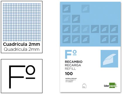 RECAMBIO LIDERPAPEL FOLIO 100 HOJAS 60G M2 MILIMETRADO SIN MARGEN 16 TALADROS RECAMBIO LIDERPAPEL FOLIO 100 HOJAS 60G M2 MILIMETRADO SIN MARGEN 16 TALADROS