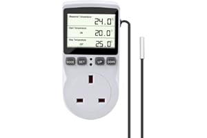 Gobesty Digital Temperature Controller, Thermostat Outlet Socket, 230 V Digital Thermostat Outlet Plug with Temp Sensor, Temperature Switch Heating Cooling Timer for Greenhouse Farm Aquarium Reptile