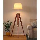 Home Decor Tripod Floor Lamp Standing Wood Brown Polished Brass Antique Gold Adjustable 5ft Height 16 inches Off White Drum L