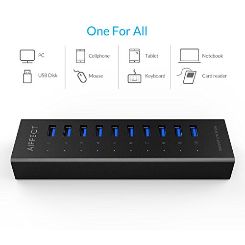 AIFFECT 10 Port USB 3.0 SuperSpeed Charging Hub with Power Adapter, BC 1.2 Charging Support – Black - 7
