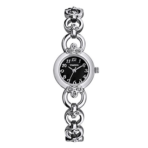 TIME100 rundes Zifferblatt Damenuhr Edelstahl Armbanduhr mit Hakenschloss Quarz Analog Schwarz #W50053L